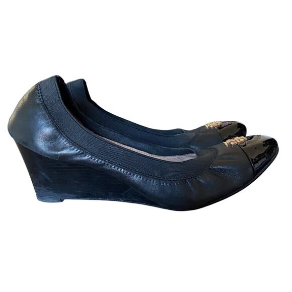 Tory Burch Jolie Cap Toe Black Leather Wedges size 9.5 - Picture 2 of 12